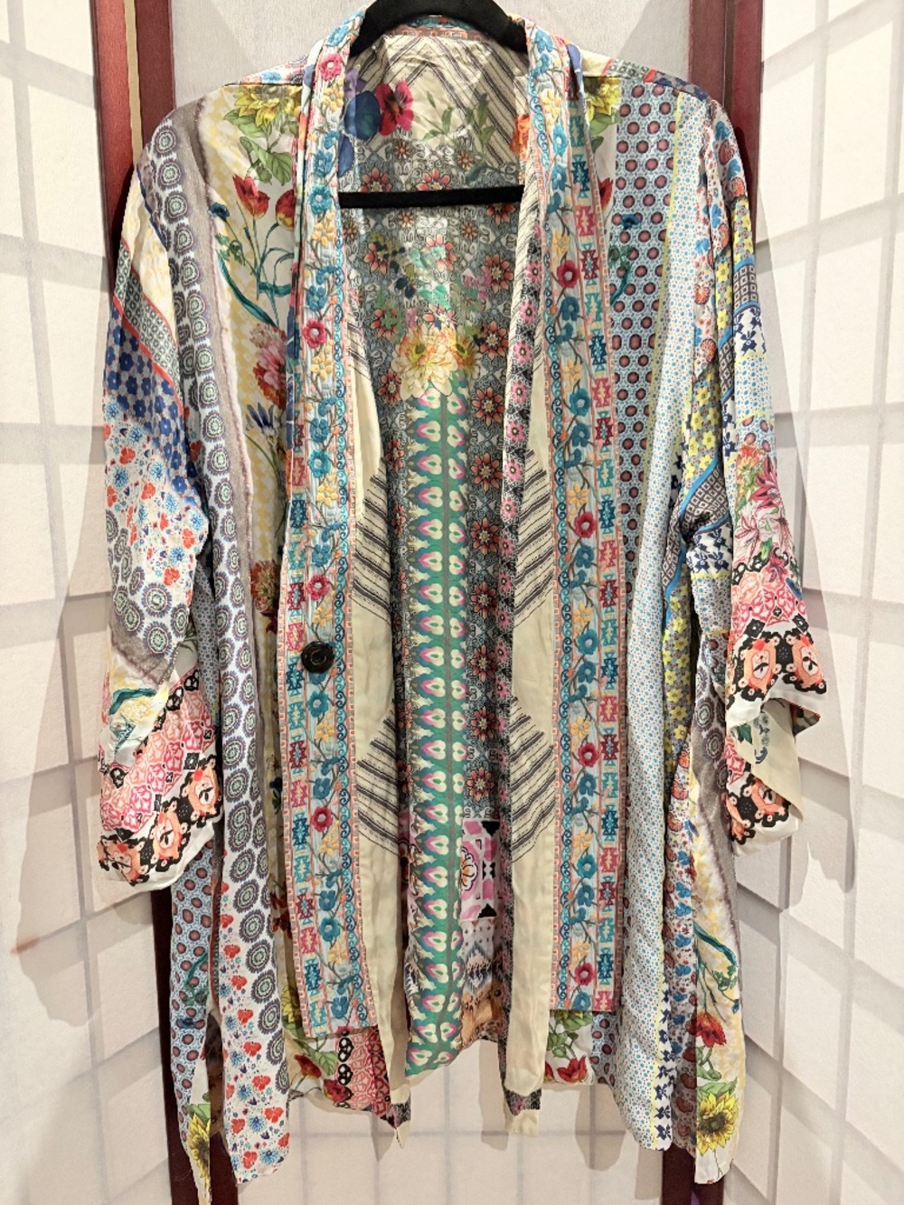 ohnny Was Silk Kimono Cardigan | Patchwork Floral Print | Boho Luxe Duster | One